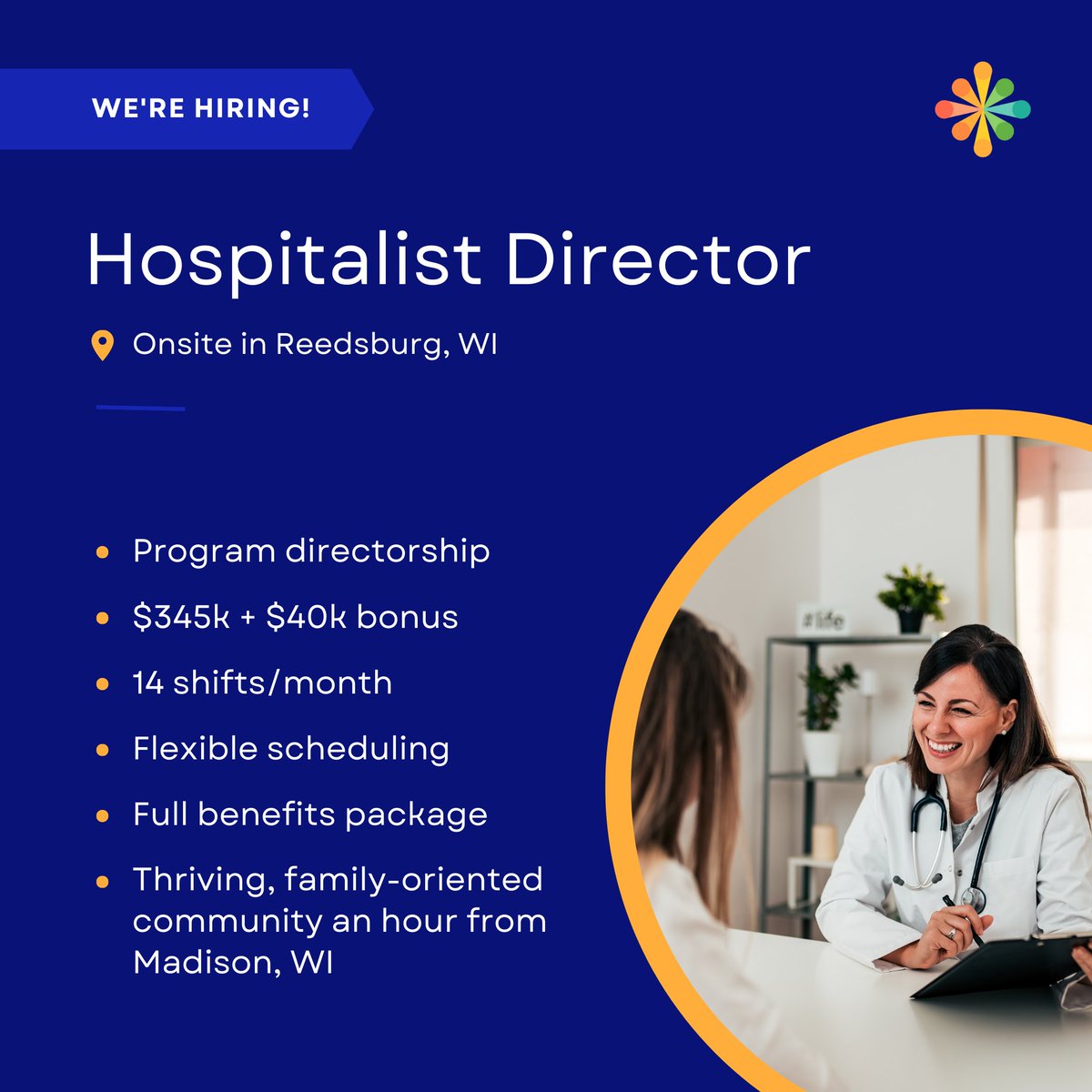 We’re hiring a Hospitalist Director to take the lead in managing the overall hospitalist program onsite in Reedsburg, WI. To learn more about the position and apply 👉 hubs.la/Q01xcvzn0 
#careers #jobinterviews #healthcare