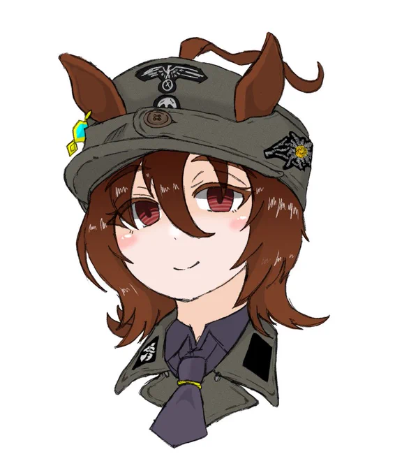 わりと気に入っている独軍タキオン絵。最初は規格帽で描いたのだが(二枚目)、友人(匿名)に「そんな品の無い帽子は駄目だ。SS野戦帽にしろ。花を付けろ」と要望があったので急きょSSに。オリジナル襟章なのだけれど、気付いてくれる人が友人だけだったという哀しい現実。 