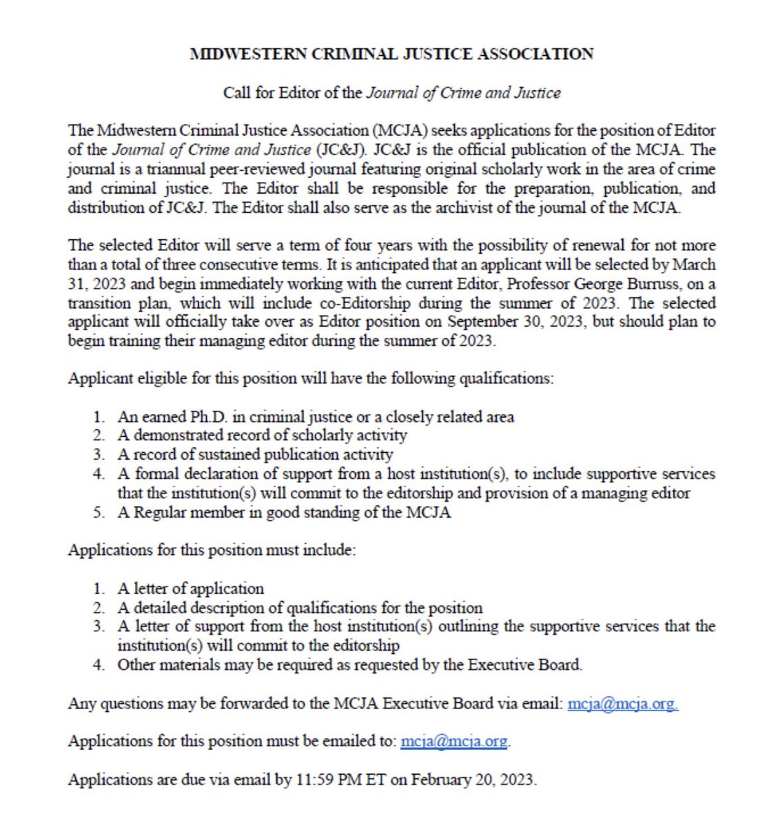 Midwestern Criminal Justice Association (@midwesterncja) on Twitter photo Call for Editor of our journal, the Journal of Crime and Justice. See below or for more info email us at mcja@mcja.org Call for Editor of our journal, the Journal of Crime and Justice. See below or for more info email us at mcja@mcja.org