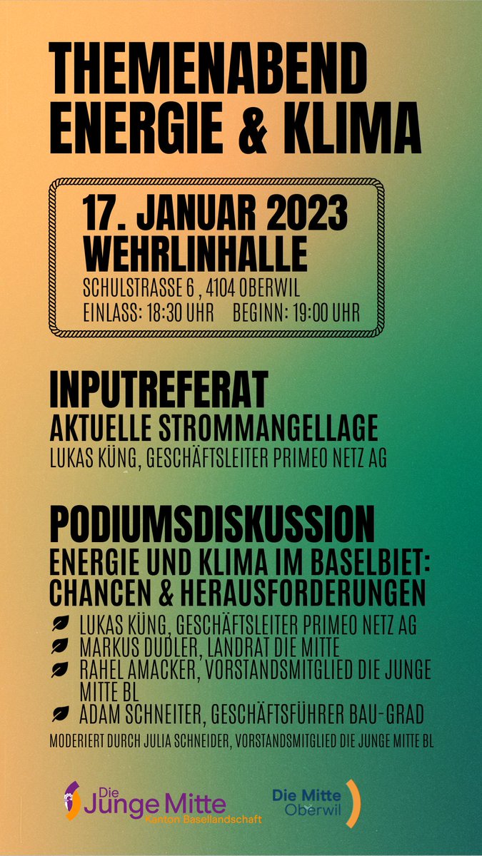 Die Junge Mitte Basel-Landschaft (@diejungemittebl) on Twitter photo <a href="/DieJungeMitteBL/">Die Junge Mitte Basel-Landschaft</a> ladet Sie herzlich zum Themenabend Energie und Klima ein: 17. Januar in der Wehrlinhalle, Oberwil.
Mit Inputreferat von Lukas Küng (Primeo Netz AG) und Podiumsdiskussion mit <a href="/MDudler81/">Markus Dudler</a>, Rahel Amacker, Lukas Küng und Adam Scheiter moderiert von <a href="/JuliaESchneider/">Julia Schneider</a>. <a href="/DieJungeMitteBL/">Die Junge Mitte Basel-Landschaft</a> ladet Sie herzlich zum Themenabend Energie und Klima ein: 17. Januar in der Wehrlinhalle, Oberwil.
Mit Inputreferat von Lukas Küng (Primeo Netz AG) und Podiumsdiskussion mit <a href="/MDudler81/">Markus Dudler</a>, Rahel Amacker, Lukas Küng und Adam Scheiter moderiert von <a href="/JuliaESchneider/">Julia Schneider</a>.