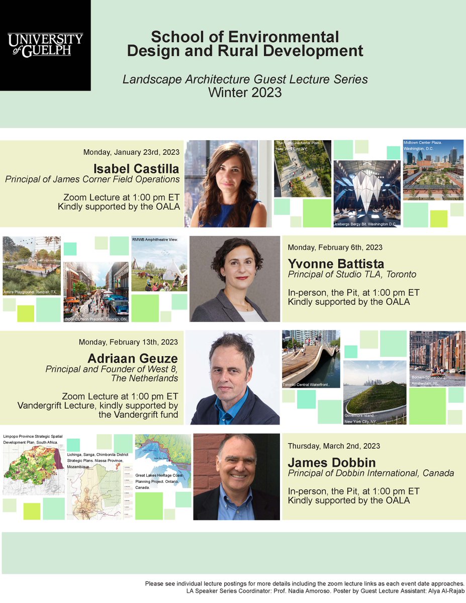 SEDRD (@sedrd) on Twitter photo We have a terrific line-up for our Winter 2023 #LandscapeArchitecture Guest Lecture Series! All are welcome. @UofG <a href="/OALA_ON/">OALA</a> <a href="/CSLA_AAPC/">CSLA/AAPC</a> <a href="/UofGuelphOAC/">Ontario Agricultural College</a> <a href="/uofg/">University of Guelph</a>GradStudies #LandArch. Details posted at: uoguelph.ca/sedrd/ We have a terrific line-up for our Winter 2023 #LandscapeArchitecture Guest Lecture Series! All are welcome. @UofG <a href="/OALA_ON/">OALA</a> <a href="/CSLA_AAPC/">CSLA/AAPC</a> <a href="/UofGuelphOAC/">Ontario Agricultural College</a> <a href="/uofg/">University of Guelph</a>GradStudies #LandArch. Details posted at: uoguelph.ca/sedrd/