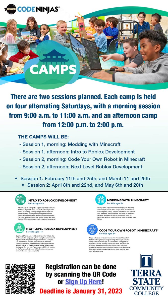 TerraCC's tweet image. Get your game on and visit Terra State! First camp is Sat., February 11, 2023, Code Ninjas will hold two camp sessions for children ages 9+ on the Terra State Campus. Register at bit.ly/3GHSghL by Jan. 31, 2023 #Robloxcamp #Minecraftcamp #TerraStateCommunityCollege