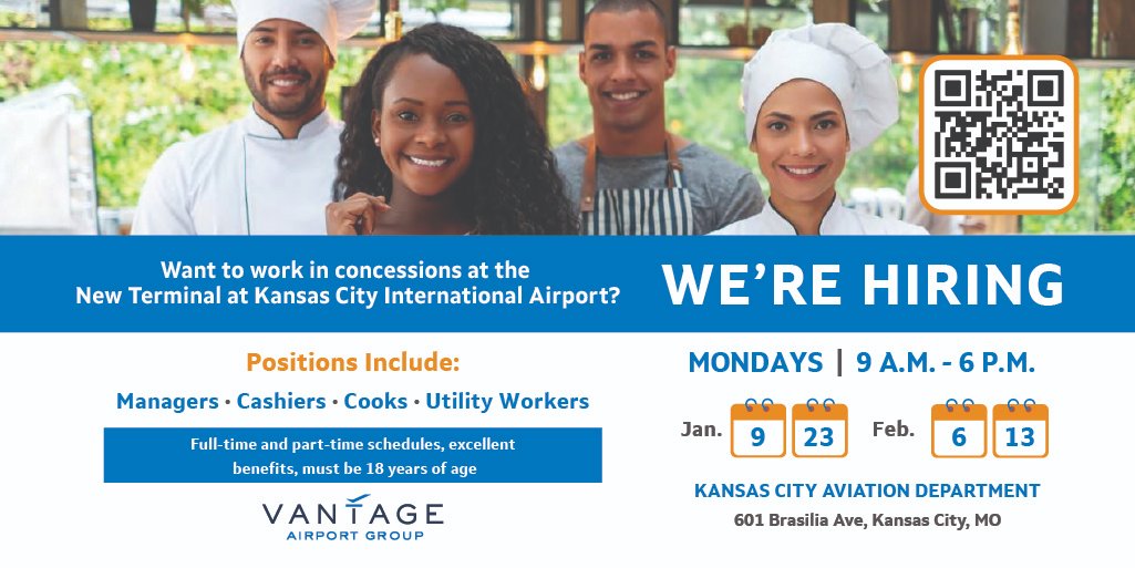 Vantage Airport Group will host hiring events for retail and food and beverage in the New Terminal at @kciairport Monday, 1/9, 9a-4p at the Kansas City Aviation Department. More events January and February. #KCJobs #Jobs #careers 
vantageairportgroup.com/KCIconcessions…