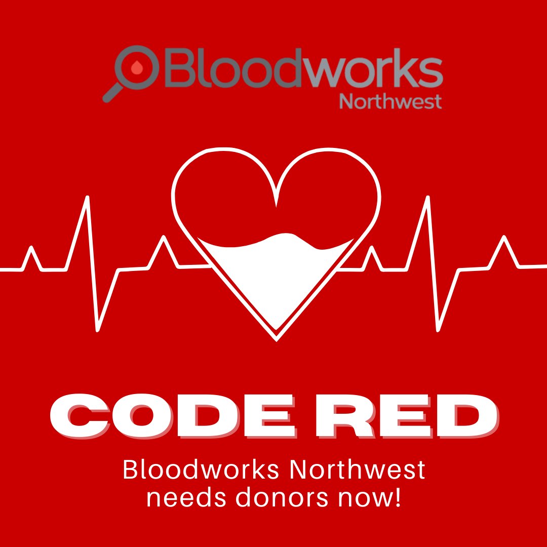 'Facing a severe blood shortage, @BloodworksNW is issuing a “Code Red” emergency asking everyone who is eligible and feeling healthy to fill immediate appointments to give blood.' #donateblood 
Appointments and info: BloodworksNW.org