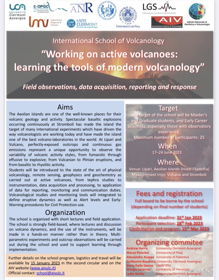 🌋 Happy to announce next 2023 international school in volcanology “Working on active volcanoes: learning the tools of modern Volcanology - Field observations, data acquisition, reporting and response” to be held at Aeolian Islands! Please 🔁 More info 👉🏼 aivulc.it/it/