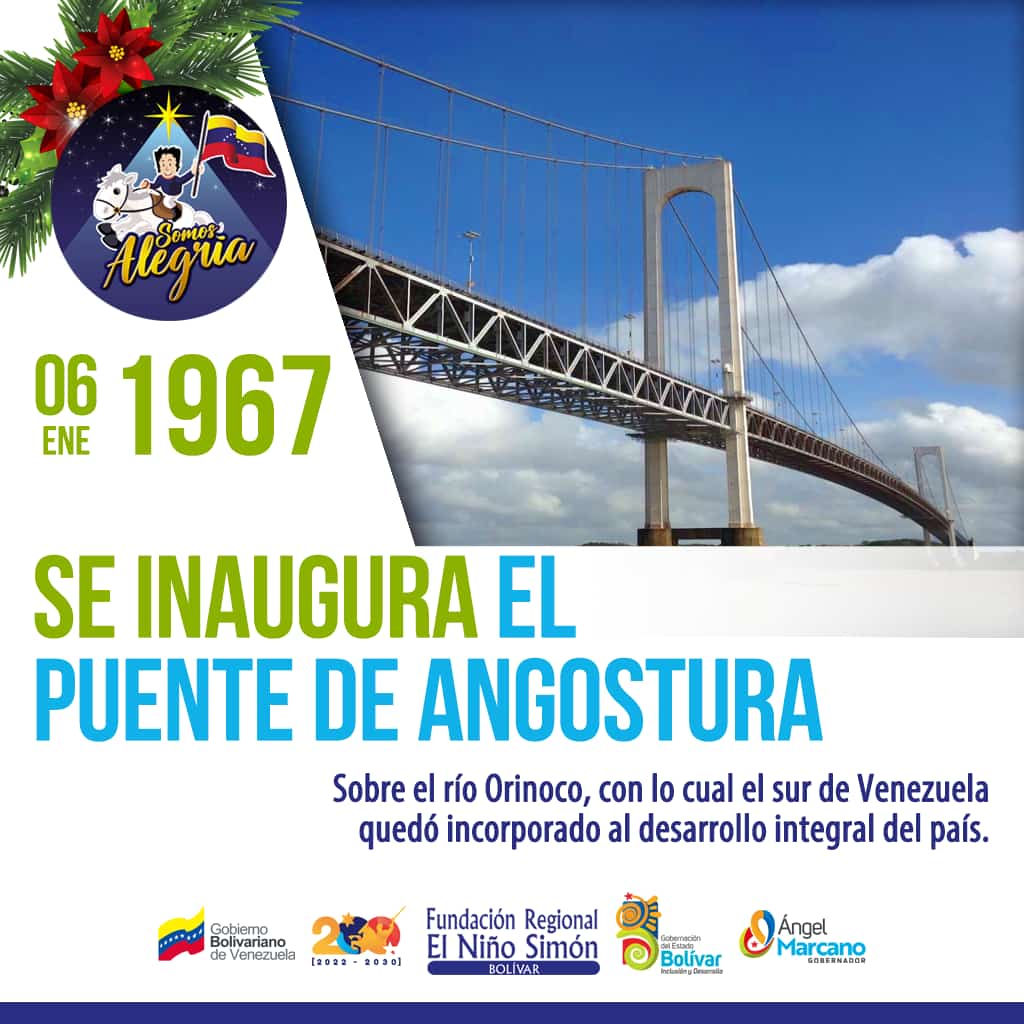 El puente Angostura, sobre el Rio Orinoco en la Región de Guayana, fue inaugurado por el presidente Raúl Leoni #TalDíaComoHoy #6Enero de 1967.
#FrnsEdoBolívar
#GestiónAngelMarcano
@NicolasMaduro
@ConCiliaFlores
@FNNSimon
@YajairaAPsuv
@AMarcanoPsuv
@_LaAvanzadora
@BolivarZe