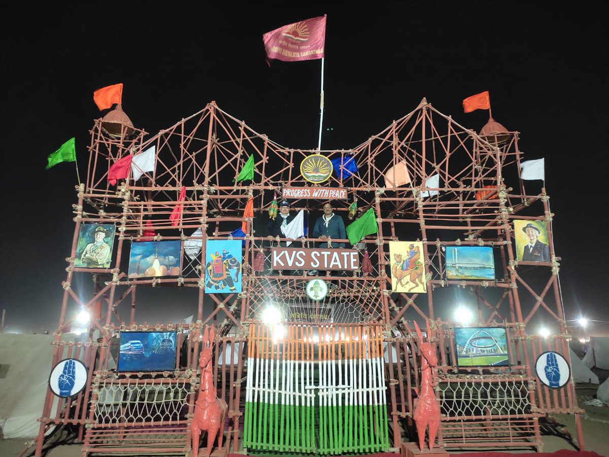 KVS_HQ's tweet photo. KVS Scouts and Guides Jamboree Gates at the ongoing 18th National Jamboree in Pali, Rajasthan from 4th-10th January, 2023

A strong contingent of 733 Scouts, Guides and Escorts Teachers is participating from #KVS State.

~Progress with Peace~ 🕊️
#bsgindia #KV #ProudKVians @bsgnhq https://t.co/24hSvZ6rxT