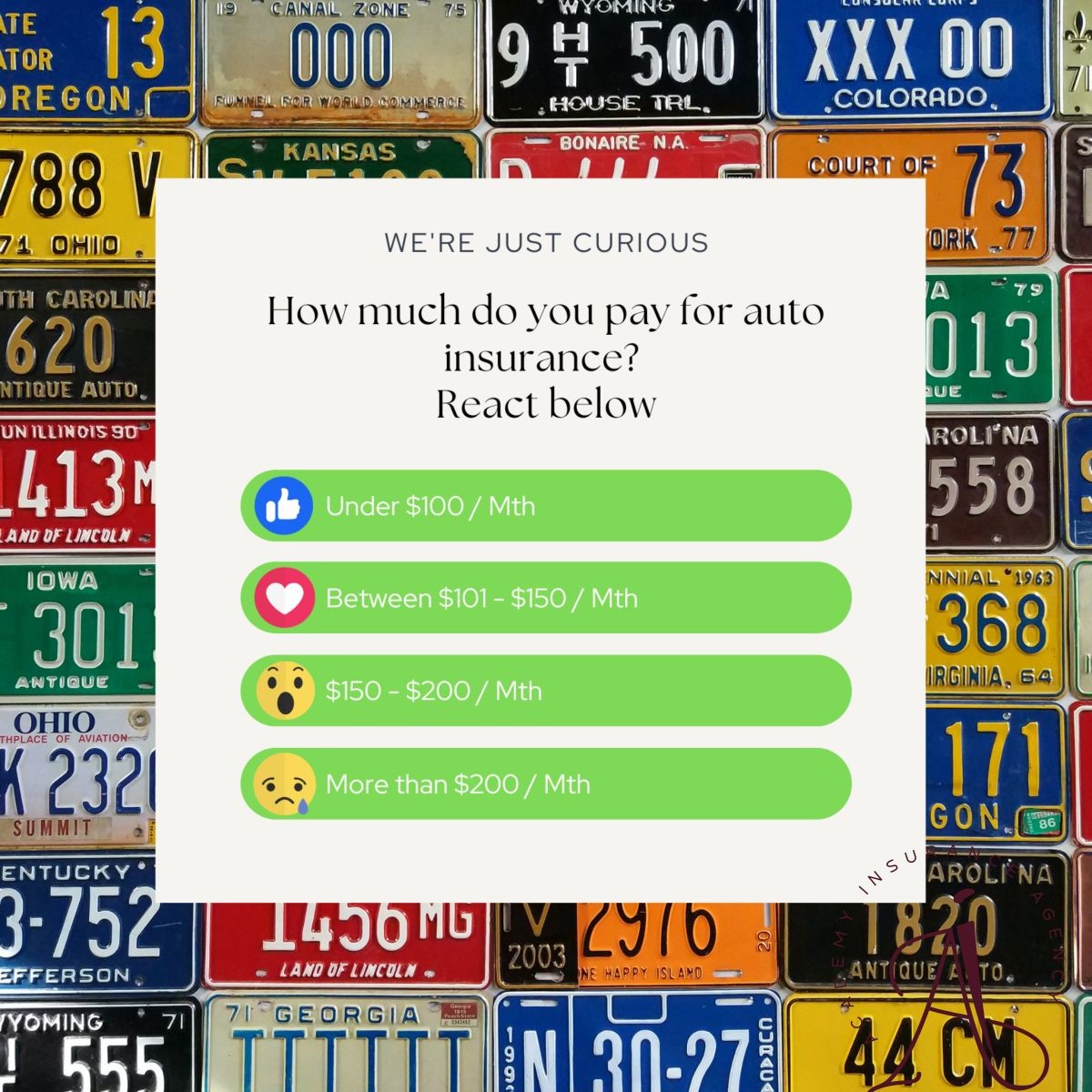 Academy_Agents's tweet photo. How much are you paying for auto insurance? Use the reaction buttons to vote.
#autorates https://t.co/7iDDXgzpsO