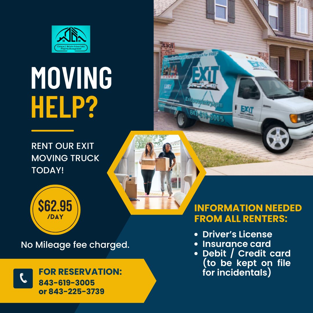 CjmManagement's tweet image. Don't get overwhelmed on #movingday. 😫 
With the help of our EXIT Moving Truck, you won't have to do anything by hand. 

Schedule your move now with us!
📞843-619-3005 or 843-225-3739 
🌐cjmpropertymanagement.com

#relocation #movinghelp #cjmpropertymanagement
