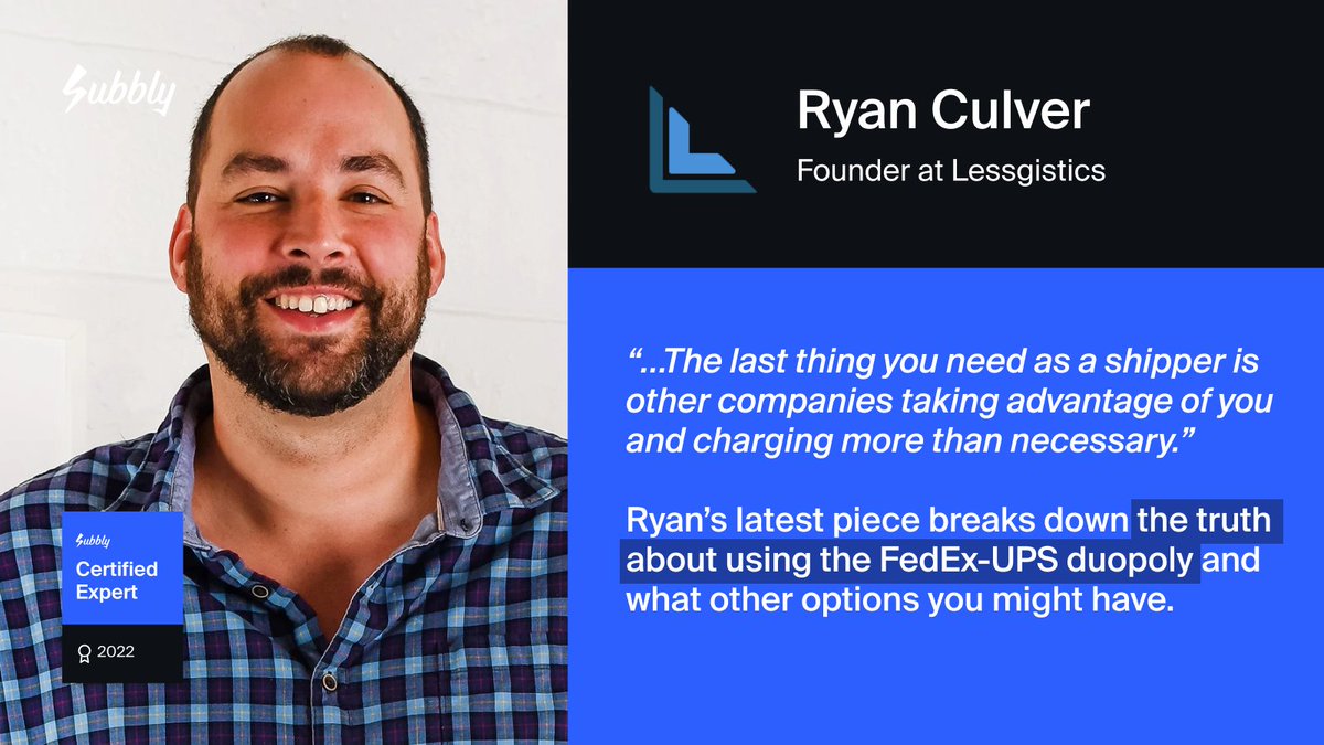 Subbly's tweet photo. Read the lowdown on the FedEx-UPS duopoly in the latest piece from Ryan Culver, Subbly Expert and founder of fulfillment firm @lessgistics! https://t.co/fWz7DPNGYz https://t.co/RBcLoyu36H