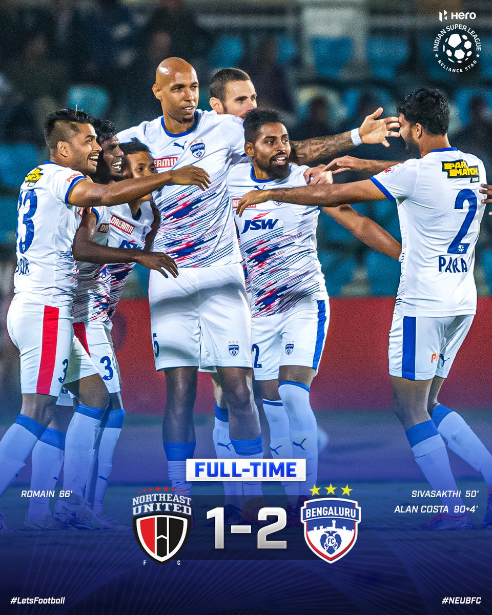 IndSuperLeague's tweet photo. #AlanCosta does it again for @bengalurufc against #NorthEastUnitedFC with a late goal to collect all 3️⃣ points!
#NEUBFC #HeroISL #LetsFootball #BengaluruFC https://t.co/RIEq4R8lr6