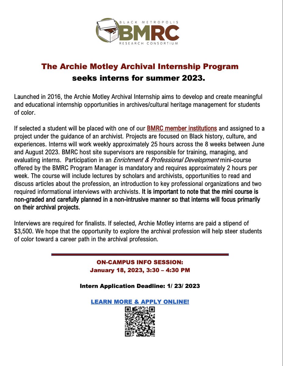 Join us on January 18th, 3:30-4:30pm, at the DePaul's Black Cultural Center to learn more about the BMRC summer internship.

The deadline to apply to the program is January 23rd and links to register for both the info session and apply can be found here!: linktr.ee/DePaulABD