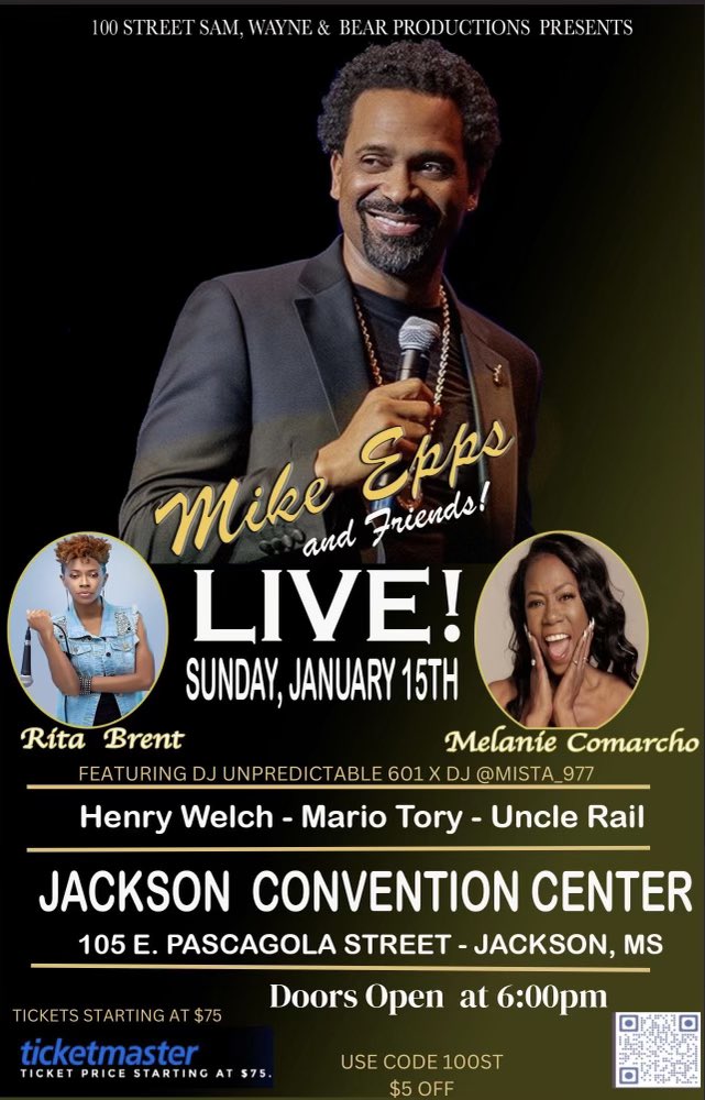 It’s up!!! I’m opening for Mike Epps, Sunday January 15 at the Jackson Convention Complex! The whole lineup is ridiculously funny! Come see for yourselves! Get tickets here: ticketmaster.com/mike-epps-frie… #SHARE #tagafriend #jacksonms #citywithsoul #MikeEpps