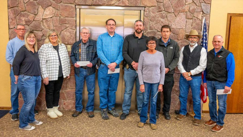 Funds raised at this year’s Festival of Trees were distributed to Butte County Meals on Wheels, Bonnie Rosander; Compassion Cupboard, Pastors Tim Smith &amp; Paul Howard; BF Police Dept., Clint Hafner &amp; Ryan Chervany; Butte County CPT, Pastor Paul Howard.