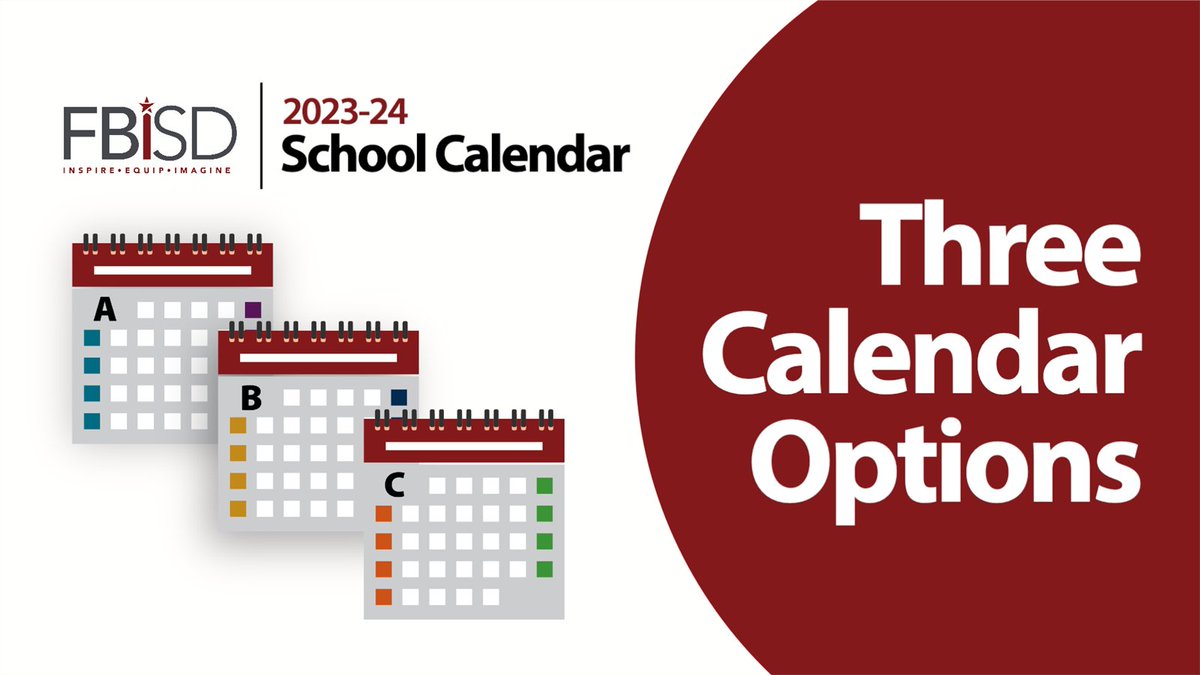FortBendISD's tweet photo. Fort Bend ISD has launched a survey to gain community feedback on three calendar options for the 2023-24 school year. The survey is now open and will close at 11:59 p.m. on Monday, January 16, 2023. 📅

For more information, visit https://t.co/0WCx6pSLZJ https://t.co/c1YvizWtwa