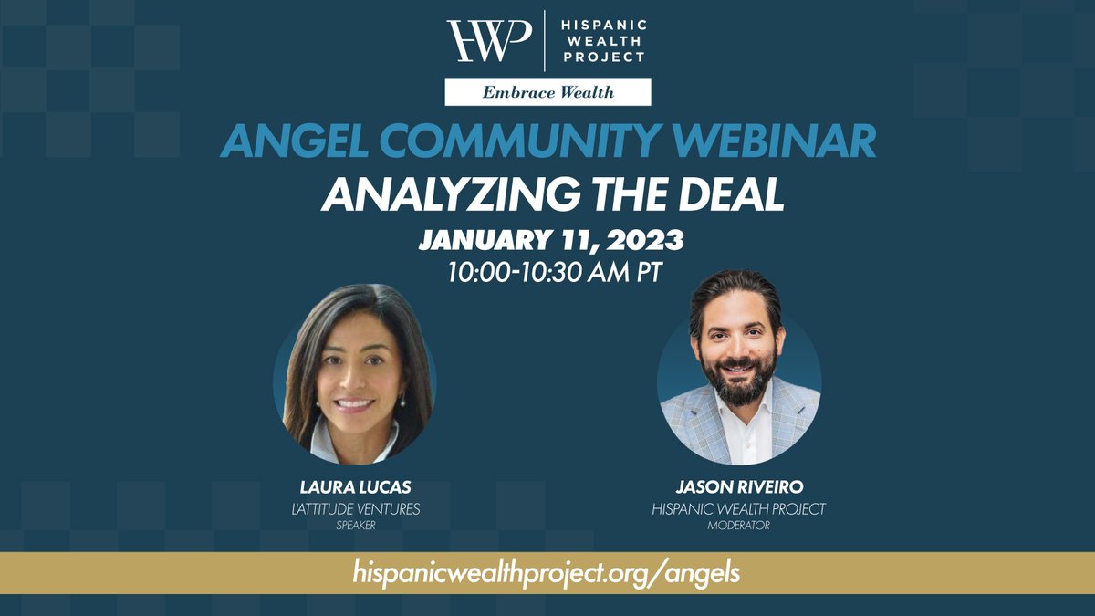 HispWealthProj's tweet photo. Join us for our first webinar of the year on Wednesday, January 11 at 10:00 AM PT. Laura Lucas @lalydesigns, Partner at L’ATTITUDE Ventures and Founder &amp; CEO of @pando_cap, shares best practices for Analyzing the Deal. For Angel Members only. Apply today: https://t.co/SMthIB0QEt https://t.co/QCUureHm9S