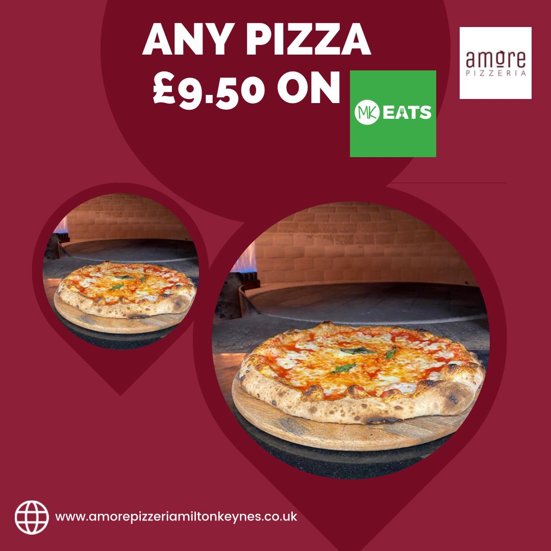 Any pizza £9.50 from Amore Pizzeria on MK Eats!

70+ takeaways available on <a href="/MKEatsApp/">MK Eats - Download the app today!</a>

Download on iOS &amp; Android: onelink.to/mkeats or order online:
mk-eats.co.uk
#MiltonKeynes