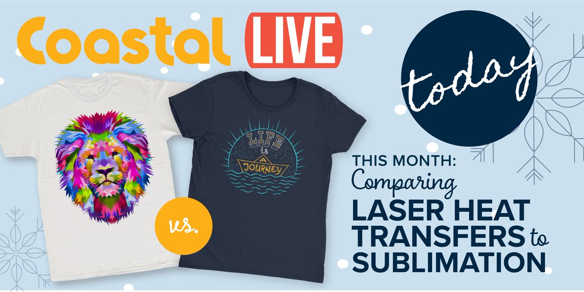 Almost time for another First Fridays Live! Join Maradith &amp; Jamie LIVE as they compare laser heat transfers to sublimation. They will be going over printer features, paper options, substrate options, &amp; more. Catch it on Facebook today (Jan. 6) at 2PM CT!
