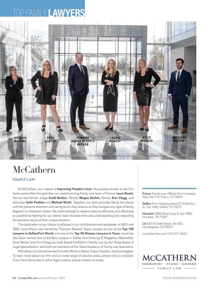 mccathernlaw's tweet image. McCathern Family Law is again proud to be featured as some of the top family law attorneys in Collin County, Texas by @localprofiletx. Congrats team! To see our profile please view the online issue here: bit.ly/3XcsxDG
#mccathernlaw #familylaw #localprofile #divorce