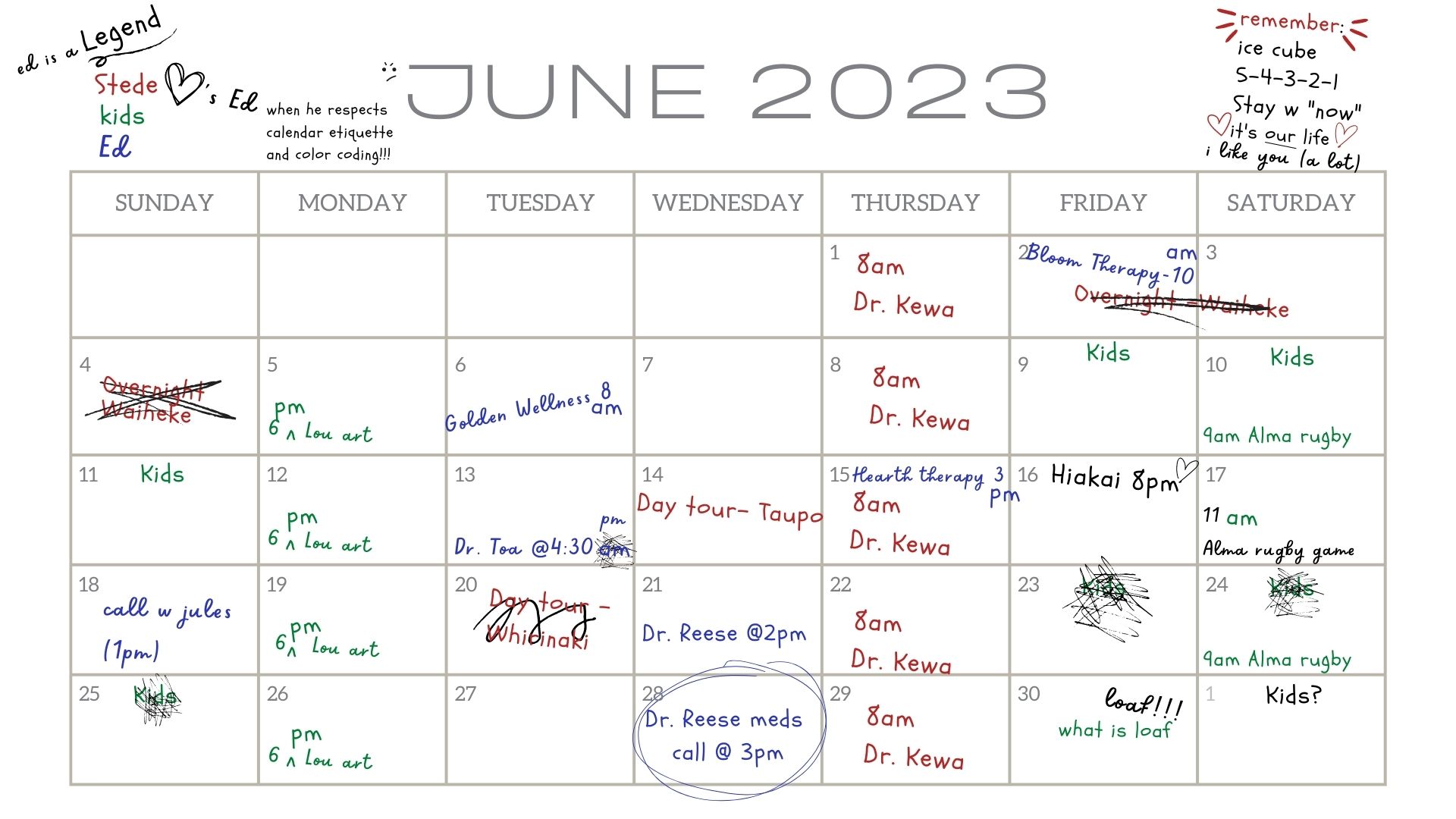 Calendar for Stede and Ed, June 2023. Indicates dates for therapy appointments, rugby and art classes for the kids, day tours for Stede (some that have been cancelled), weekends where kids are expected (one is cancelled). A legend indicates Stede's stuff is in red; the kids' stuff is in green; Ed's stuff is in blue. Ed does not always follow the color code system. Stede comes in behind Ed and corrects his entries, Notes to each other include: Stede *hearts* Ed when Ed respects calendar etiquette and Remember: it's our life (Ed replies "I like you"