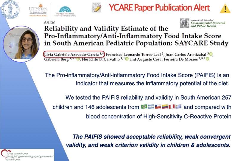YCARE Paper Publication Alert:
Reliability and Validity Estimate of the Pro-Inflammatory/Anti-Inflammatory Food Intake Score in South American Pediatric Population: SAYCARE Study mdpi.com/2054322 <a href="/IJERPH_MDPI/">IJERPH</a>