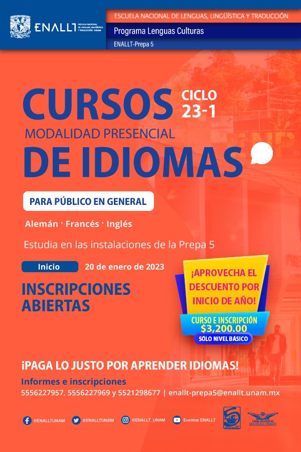 ENALLTUNAM's tweet photo. Estudia idiomas con los mejores a un súper precio de oferta. ¡Inscríbete ya! 🤩
*Para mayor información comunícate a los números de contacto que vienen en cada convocatoria ⬇️ https://t.co/UIBBjXXTCa