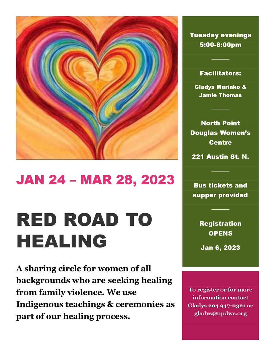 The Winter 2023 session of Red Road to Healing starts January 24! Registration starts today, see poster for details on how to sign up.