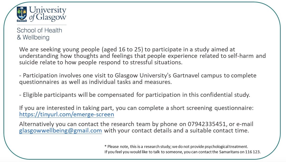 suicideresearch's tweet photo. Call for Participants 

Are you aged 16 to 25 and able to come to Glasgow?

Please consider taking part in our study investigating stress and self-harm

This study is open to people with  and without experience of self-harm

Details: https://t.co/YLOx0z7Q1G https://t.co/BarSDiMPVO