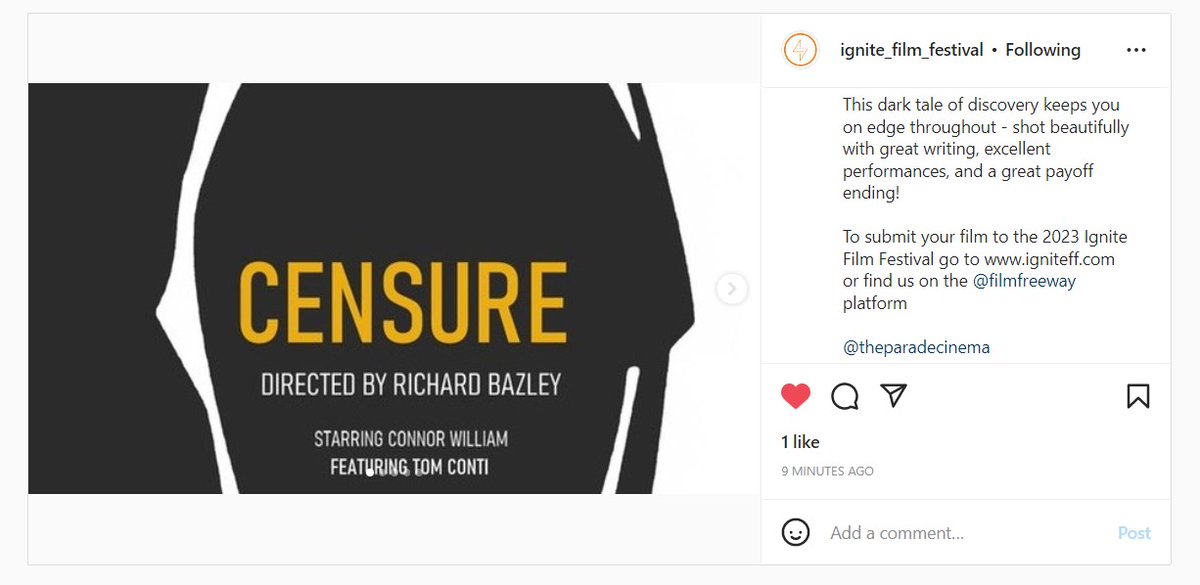 What a fabulous review for 'Censure' from Ignite Film Festival! @FRYFILM @TheSteadicamMan @connorwulfric @vivientaylor #censure #bazleyfilms #fryfilmproductions #vivientaylor #tomconti #indiefilm #ignitefilmfestival