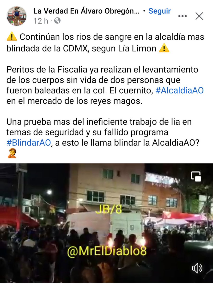 En AO asesinan a 2 personas debido a negligencia e incapacidad de <a href="/lialimon/">Lía Limón</a>. En plena verbena mientras los Reyes conseguían regalos para los niños ocurre balacera. ¿Por qué no hizo operativos para proteger a los Reyes? <a href="/valentinabtg/">Valentina Batres Guadarrama</a> <a href="/santillanpe1/">Eduardo Santillán</a> <a href="/AngelTamarizS/">Angel Tamariz</a> <a href="/sergiosandovalb/">Sergio Sandoval</a>