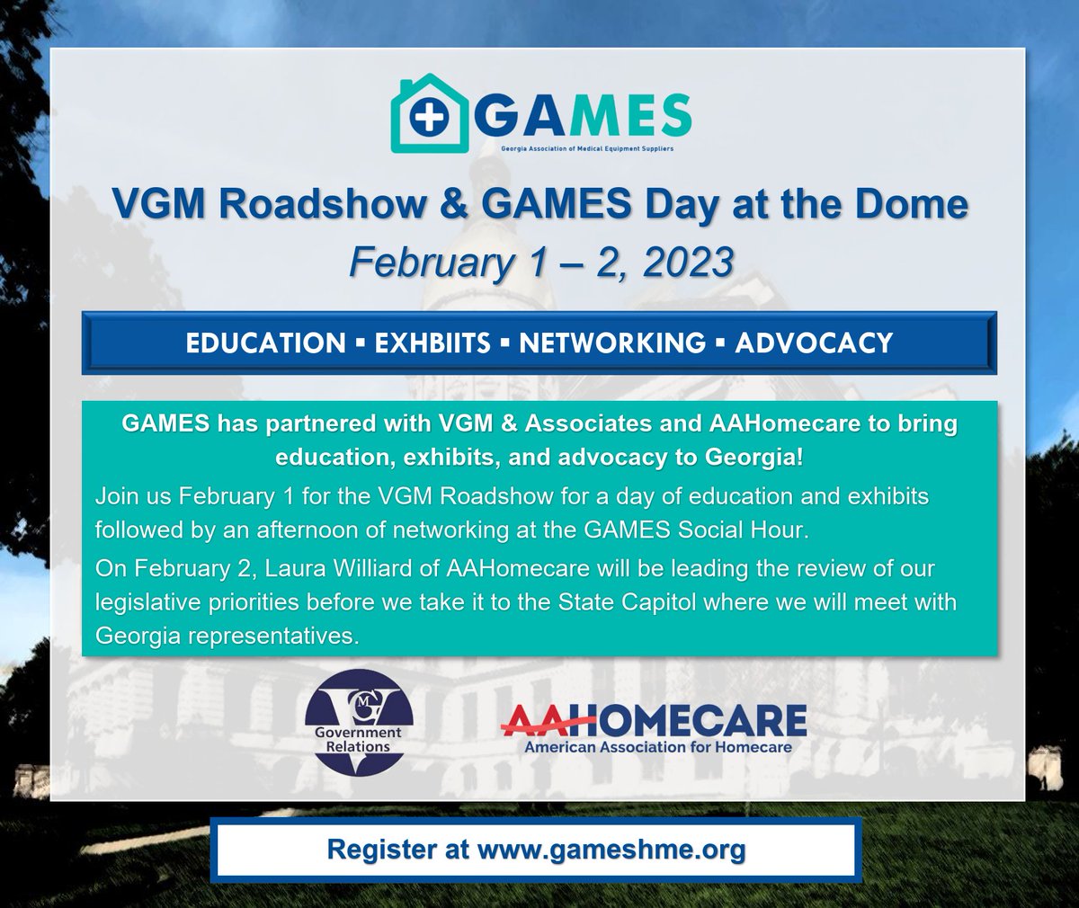 gameshme's tweet photo. GAMES has partnered with VGM & Associates and AAHomecare to bring education, exhibits, and advocacy to Georgia!
Register here: https://t.co/USZb80OJpa
#DME #HME #DMEPOS #Homecare #Education #GAMESEvents https://t.co/zFVeIovfPG