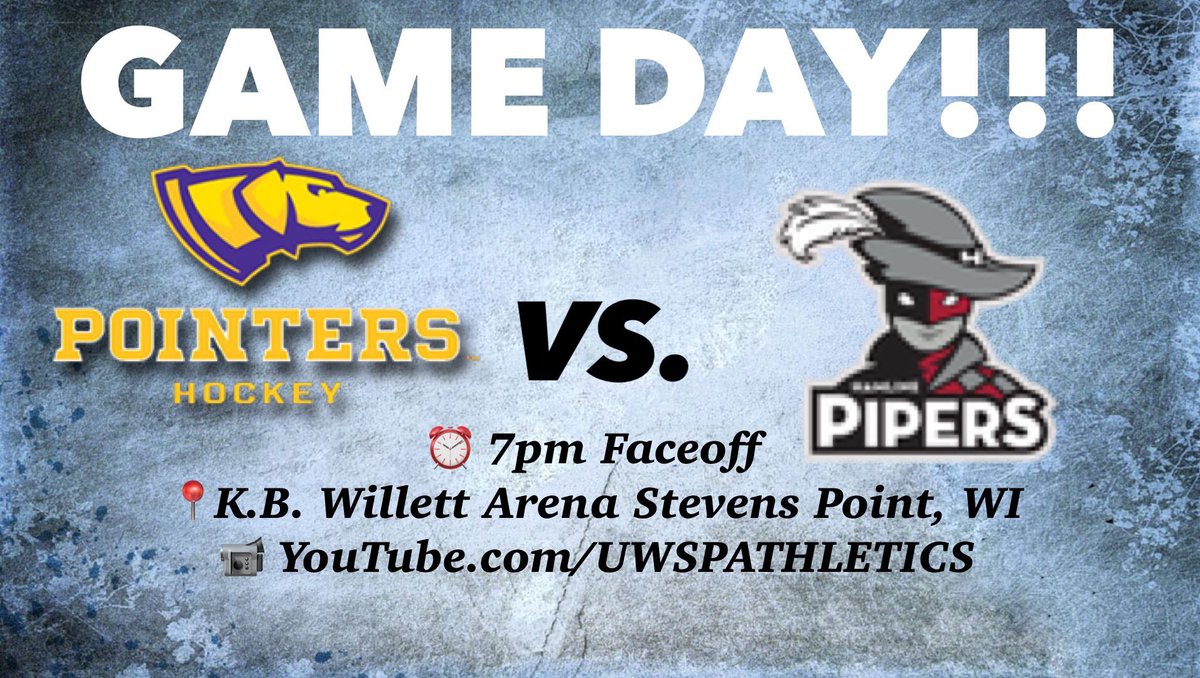 It’s GAME DAY!! The Pointers return from holiday break to host two non conference games at home!! 

Tonight it’s Pointers vs. Pipers.

Details:⬇️  
⏰: 7pm Faceoff
📍: K.B. Willett Arena
🎟️: bit.ly/UWSPHamlineTic…
📹💻: bit.ly/UWSP_Hamline
📱🎙: bit.ly/pointers_sport…