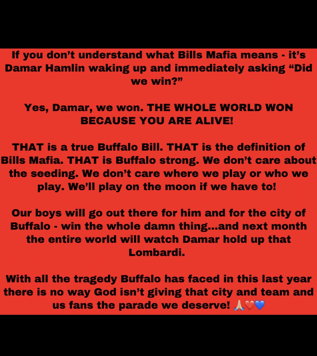 “Did we win?” Yes, Damar. WE WON. 🙏🏼❤️💙

#Billieve #TrustTheProcess #BillsMafia #BuffaloStrong #WeWon #DamarHamlin