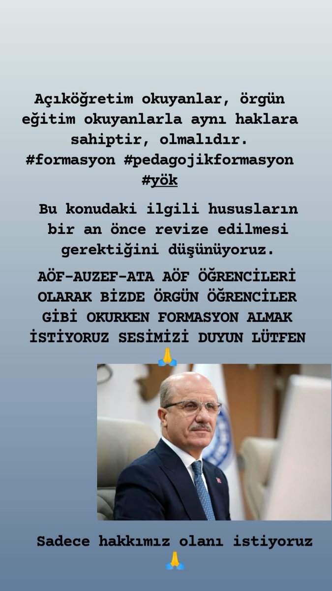 Aynı haklara sahibiz hakkımızı verin <a href="/RTErdogan/">Recep Tayyip Erdoğan</a> 
<a href="/erolozvar/">Erol Özvar</a> 
<a href="/YuksekogretimK/">Yükseköğretim Kurulu (YÖK)</a> 
#aöfformasyonmağduru