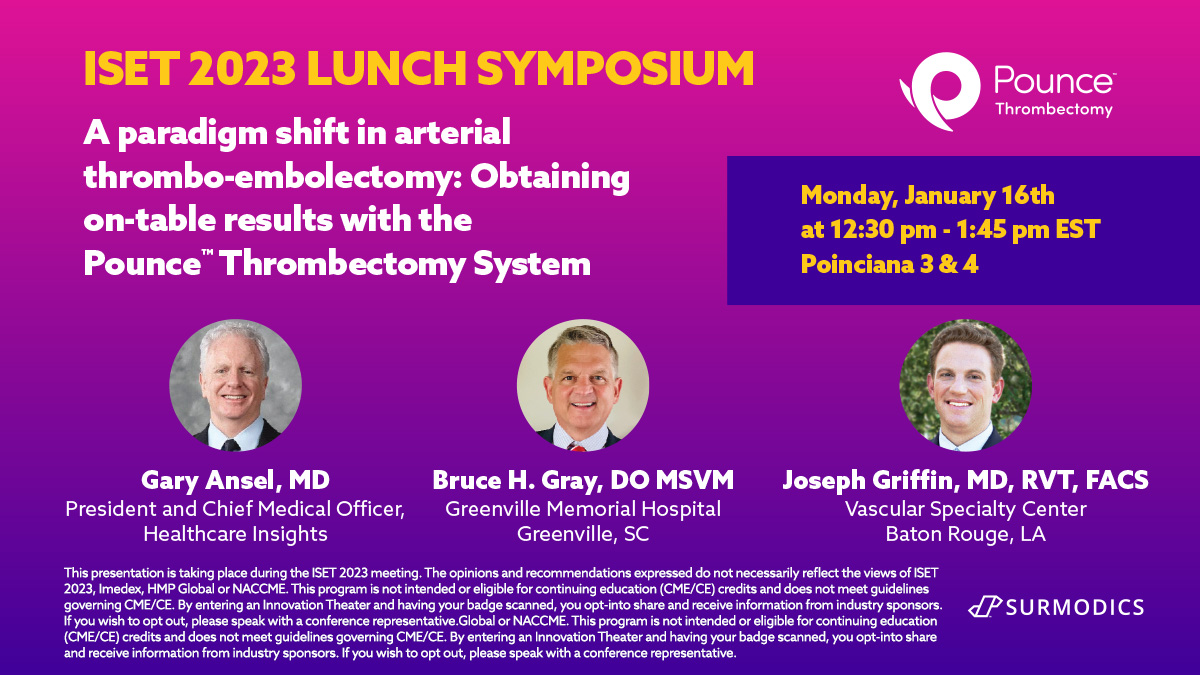 Surmodics's tweet photo. Join us for lunch 1/16 at #ISET2023! Our physician panelists will discuss their use of the Pounce™ Thrombectomy System and how it helps remove both arterial thrombi and emboli without the use of aspiration, all done percutaneously. Rx only. #thrombectomy #clot #vascular https://t.co/qc6rKPvKY0
