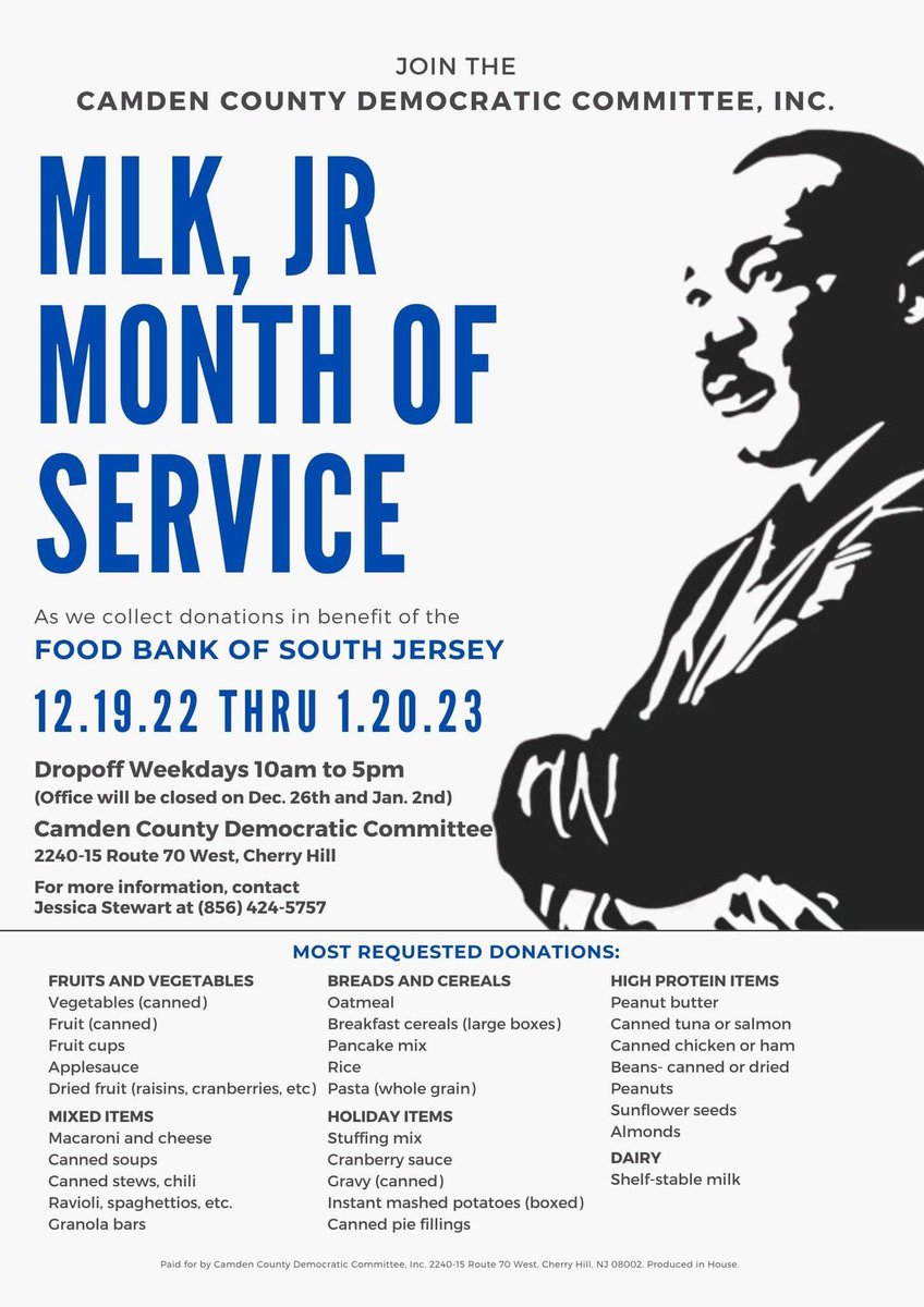 In honor of MLK Day &amp; to combat food insecurity, <a href="/CCDems/">Camden County Dems</a> are collecting donations for <a href="/foodbankSJ/">Food Bank of South Jersey</a>. Donations can be dropped off at <a href="/Dems4Colls/">Collingswood Democrats</a> public meeting on Jan 17 at 7pm at the @Collingswood_NJ Sr Community Center (30 W. Collings Ave) or CCDC (2240-15 Rte 70 W, Cherry Hill).