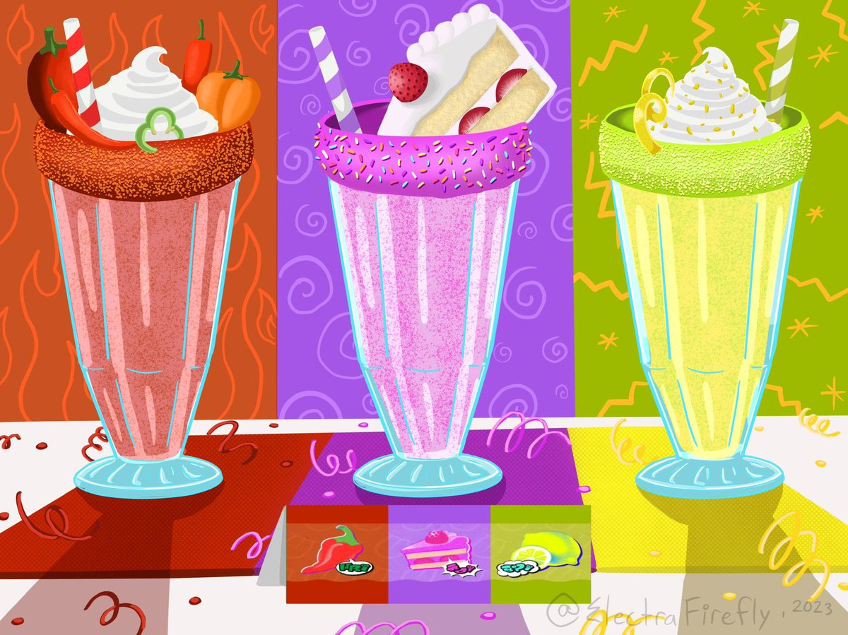 Splatfest Shakes
🌶️ Spicy, 🍰 Sweet and 🍋 Sour

See comments for flavor descriptions 

#SplatCafe #Splatoon3 #スプラトゥーン3