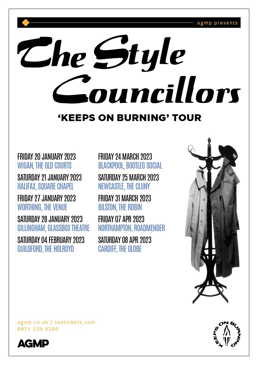 The Style Councillors are back on the road this month, with 10 gigs booked through to April. There are 2 London dates confirmed, September (100 club) and December (venue 229). Some venues have ‘early bird’ ticket 🎟️ prices. #thestylecouncil40 @TSCTribute @agmpconcerts