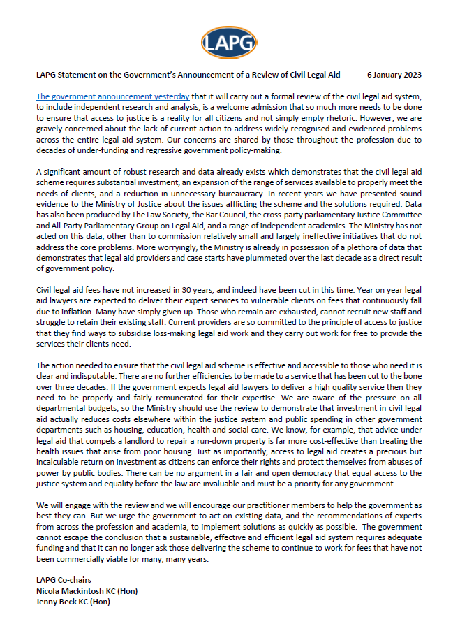 Legal Aid Practitioners Group (LAPG) (@wearelapg) on Twitter photo Our statement on <a href="/MoJGovUK/">Ministry of Justice</a>'s announcement yesterday of a review of civil #LegalAid. So much evidence already exists about the issues and the solutions. Can we please just get on with the solutions? And that has to start with a significant increase in fees. Our statement on <a href="/MoJGovUK/">Ministry of Justice</a>'s announcement yesterday of a review of civil #LegalAid. So much evidence already exists about the issues and the solutions. Can we please just get on with the solutions? And that has to start with a significant increase in fees.
