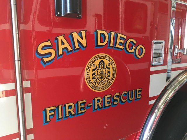 SDFD's tweet photo. SDFD crews knocked the fire down. Fortunately, no one was inside. No injuries. Firefighters strong work kept the fire from spreading to nearby businesses. Releasing some crews now. Please use caution if you are in the area. #universityfire #strongwork https://t.co/QaY6N9ZLrx