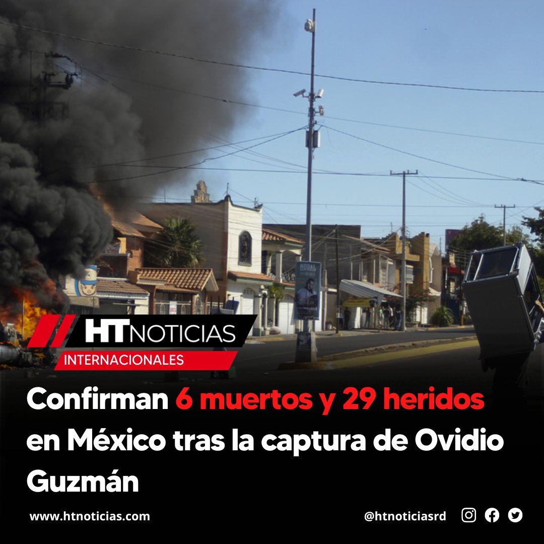 🌐| #HTinternacionales | Confirman 6 muertos y 29 heridos en México tras la captura de Ovidio Guzmán.

Más información ▶️ bit.ly/3vKXLWy

#htnoticias  #CárteldeSinaloa #heridos #Internacionales #México #muertos #Operativo #OvidioGuzmán #RubénRochaMoya