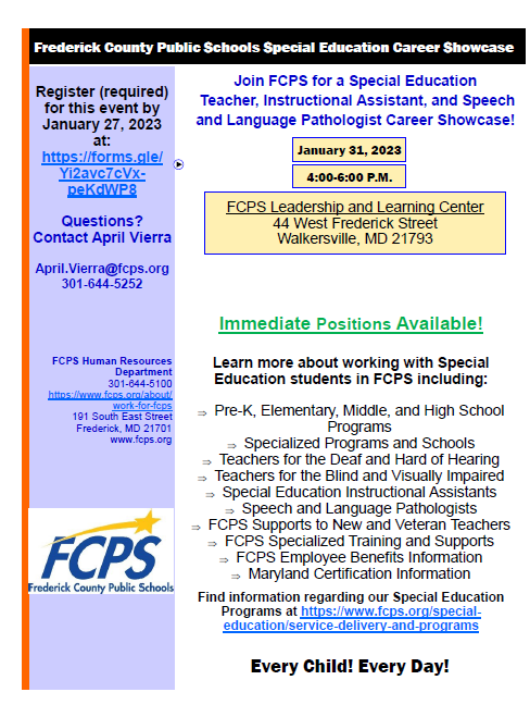 apvierra's tweet image. @FCPSjobs is hosting a Special Education Showcase!! Come learn more about our Special Education programs! Representatives will be available to share information about our different programs, SLPs, and Special Education Instructional Assistants! Registration is required.
