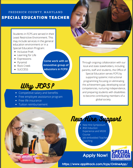 apvierra's tweet image. @FCPSjobs is hosting a Special Education Showcase!! Come learn more about our Special Education programs! Representatives will be available to share information about our different programs, SLPs, and Special Education Instructional Assistants! Registration is required.