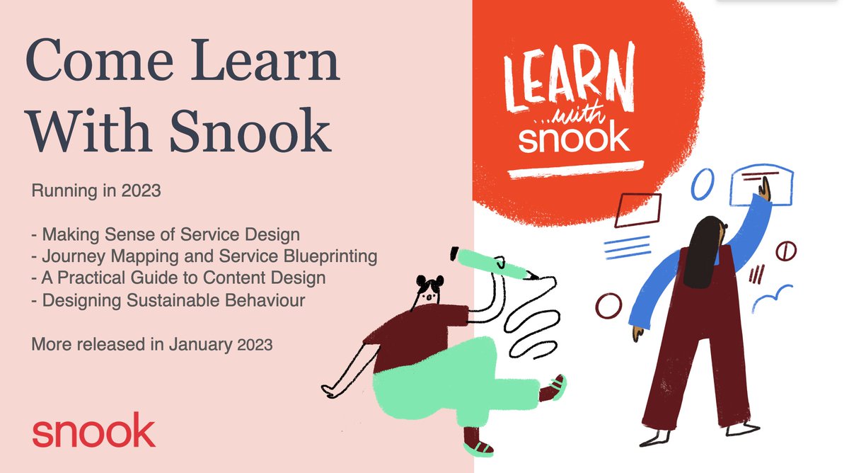 tashwillcocks's tweet photo. Come learn with @wearesnook new courses and trusted favourites available in 2023 to fill up this lovely new year 
https://t.co/hBCjHSt2j6
#Design #ServiceDesign #Contentdesign #BehaviourDesign #AccessibleDesign #LearnByDoing https://t.co/uLH21GaeHk