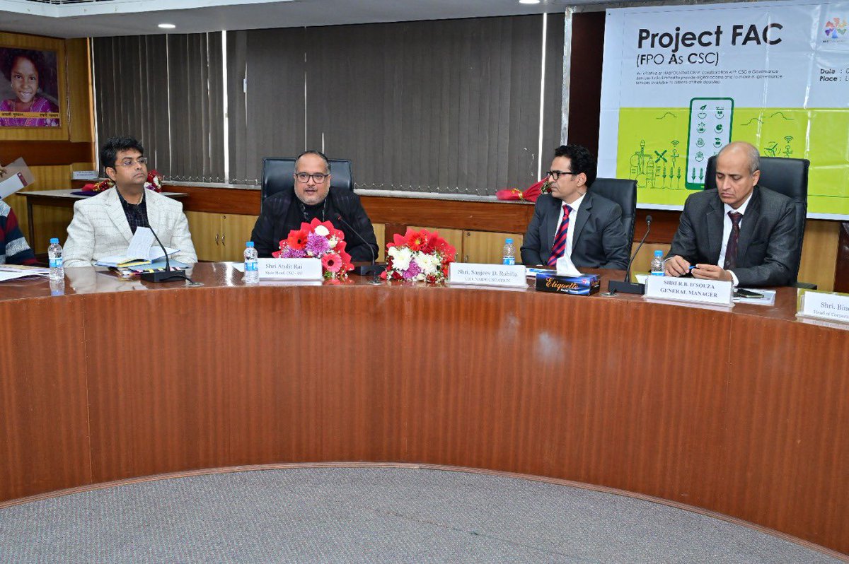PrabalSingh150's tweet photo. Project FAC (FPO As CSC) was launched by @NABFOUNDATIONIN, #NABARD & @CSCegov_ officials.
It’s a initiative of #NABFOUNDATION in collaboration with #CSC to provide Digital access & make e Governance Services available to farmers. Initially 20 FPOs were selected for project FAC. https://t.co/7ckzletf8Q