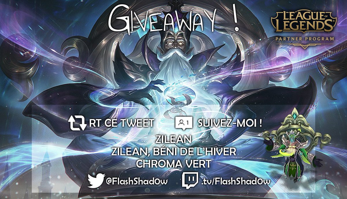FlashShad0w's tweet photo. C'est ENCORE l'heure du GIVEAWAY #LeaguePartner 

Comme d'hab, suffit de me follow et de RT ce tweet o/ 
à gagner : 

- Zilean
- Son skin Elu de l'Hiver
- Son Chroma vert exclu #LPP

Merci à @wellbethestarz_ pour l'image https://t.co/gItgqQFZn5