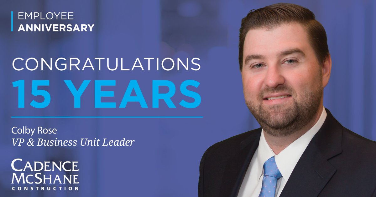 Congratulations Colby Rose on 15 years at Cadence McShane! Colby started as an intern at CMC and is now Vice President and Business Unit Leader in Houston, Texas. Thank you for your dedication and countless contributions to our team. #OneCMC