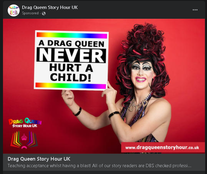 Hmmmm..... @DragStoryHourUK are running this as a *paid* Facebook ad, with comments turned off! a) Rattled much? 👀 b) Caveats are cool. Learn about caveats. You might have been ok with 'Drag queens infrequently hurt children!'👍 Examples follow, will grow sporadically...