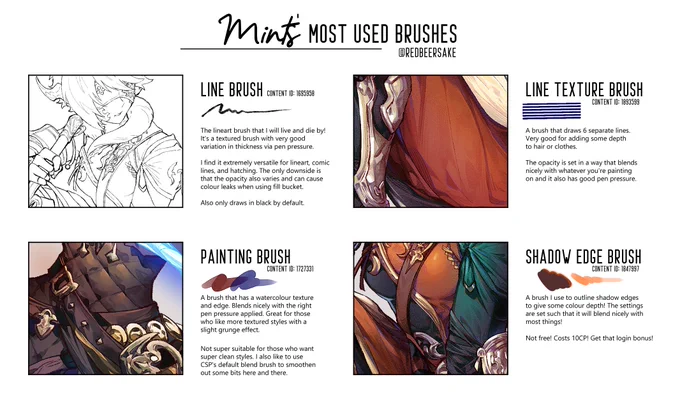 Also I decided to make a little graphic to show the brushes I tend to use nowadays as I feel that they've helped improved my process a bunch! I hope it's useful ;w;; 