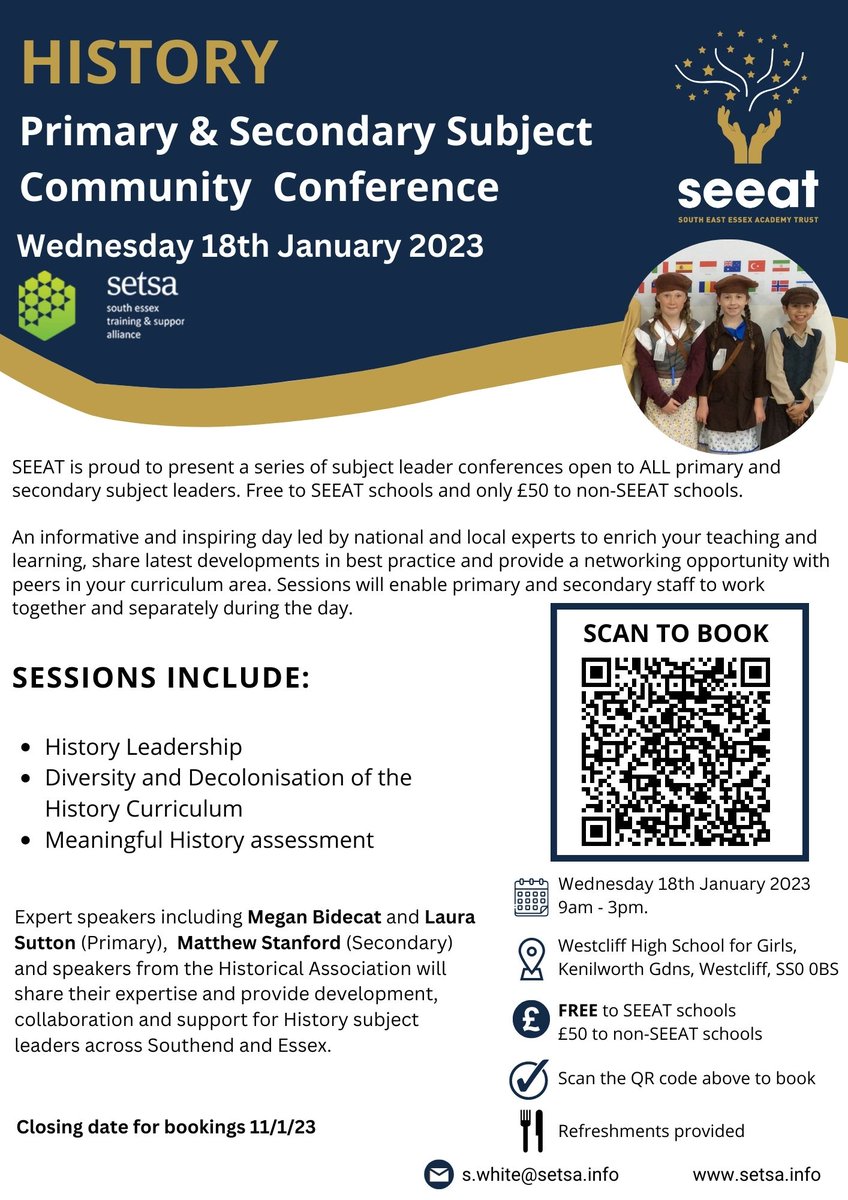 SEEATFamily's tweet photo. Calling all #Primary and #Secondary History subject leads in Essex looking to enrich their teaching. Join us for this fantastic #HistoryCPD and be inspired by guest speakers such as @stanf80 from @histassoc

All welcome - book here:
https://t.co/tLBFILJBUG https://t.co/jf2VpJkqOK